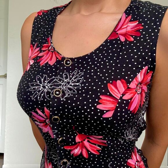 Late 90s charming black and pink floral midi dress by Betsy Lauren - Picture 5 of 8